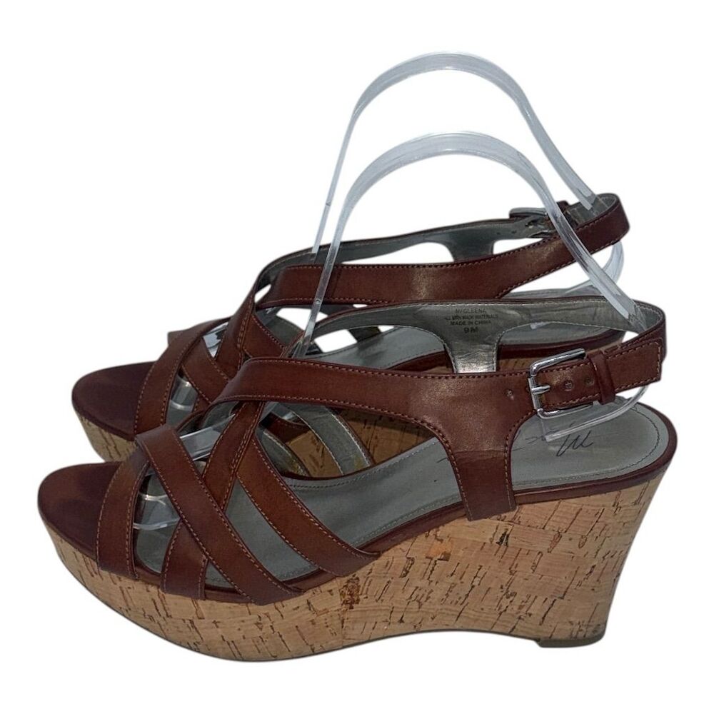 4635. Marc Fisher Women's Tan Strappy Cork Wedge Sandals Size 8 Casual Summer